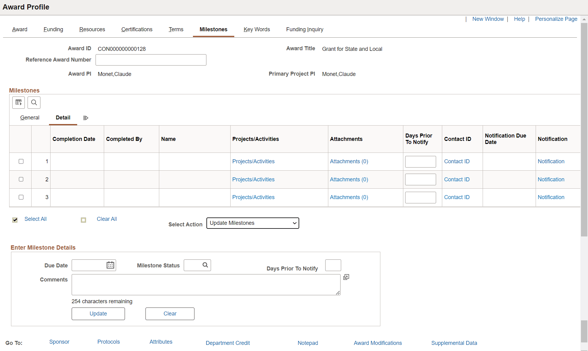 Award - Milestones page (Update Milestones)