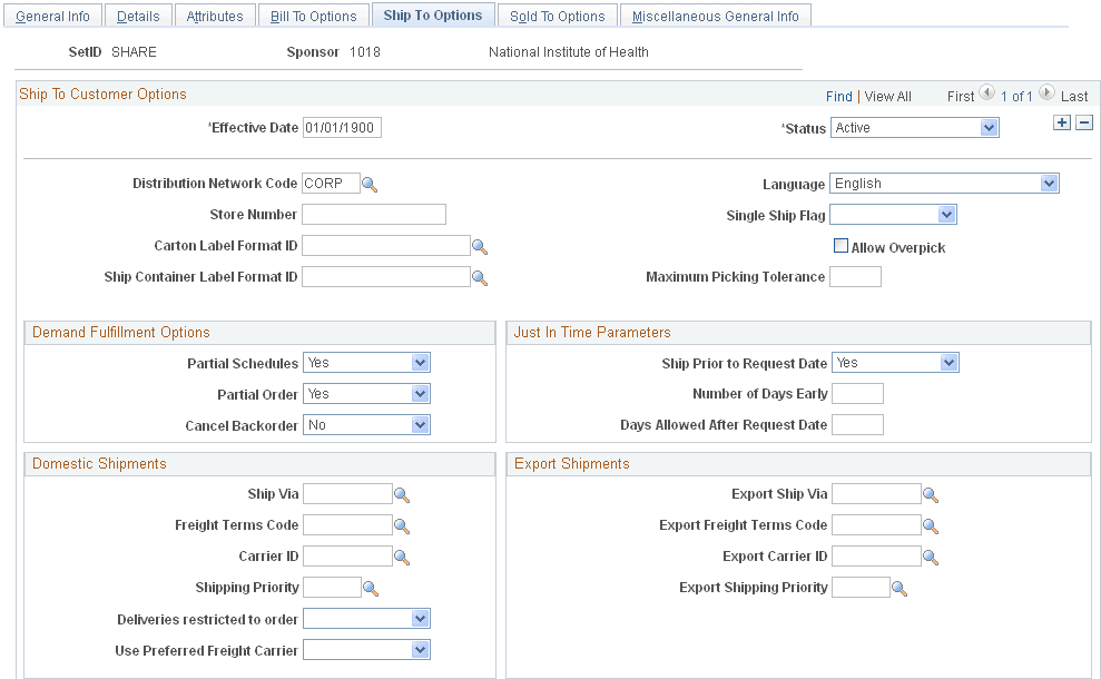 Sponsors - Ship To Options page (1 of 2)