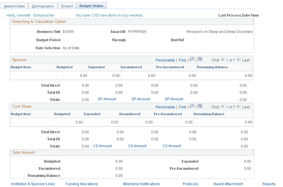 Award Detail - Budget Status page