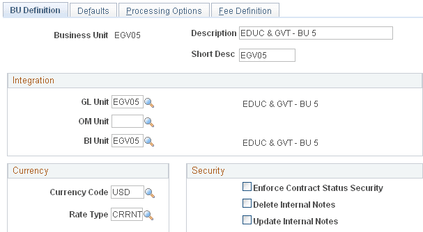 Contracts - BU Definition page