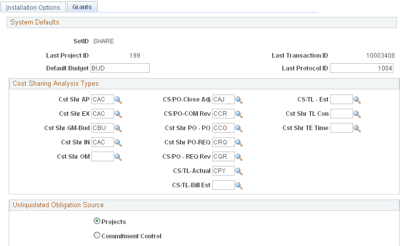 Installation Options - Grants page