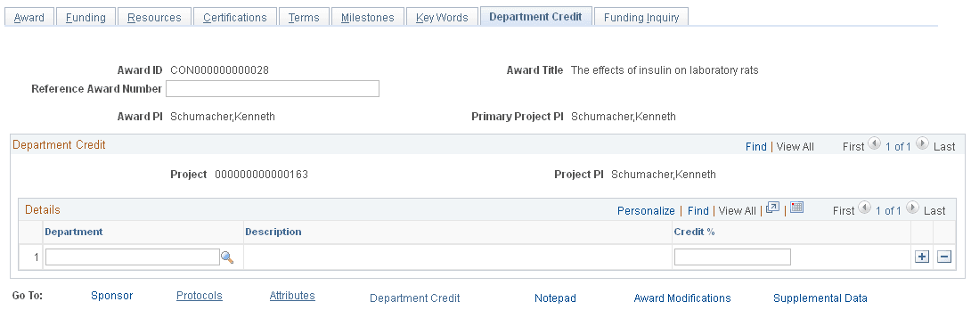 Award - Department Credit page