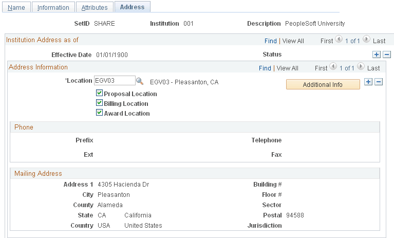 Institution - Address page