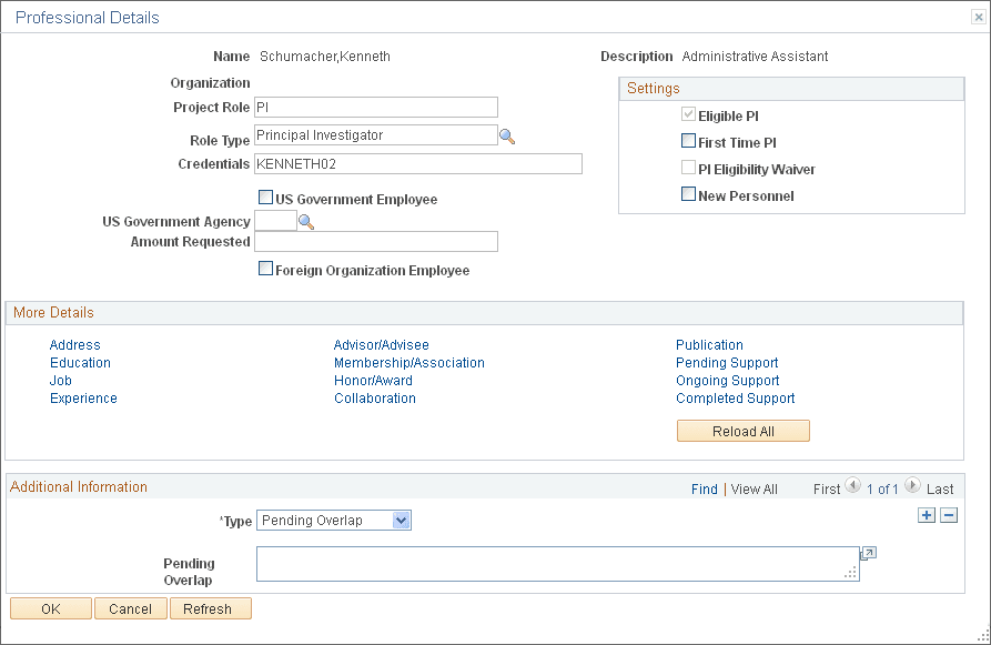 Professional Details page
