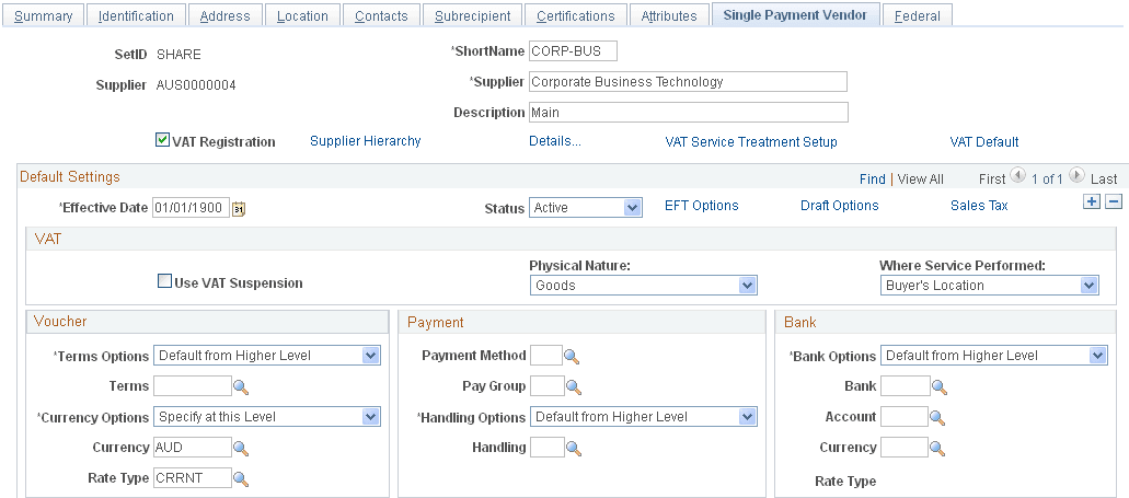 Subrecipients - Single Payment Vendor page