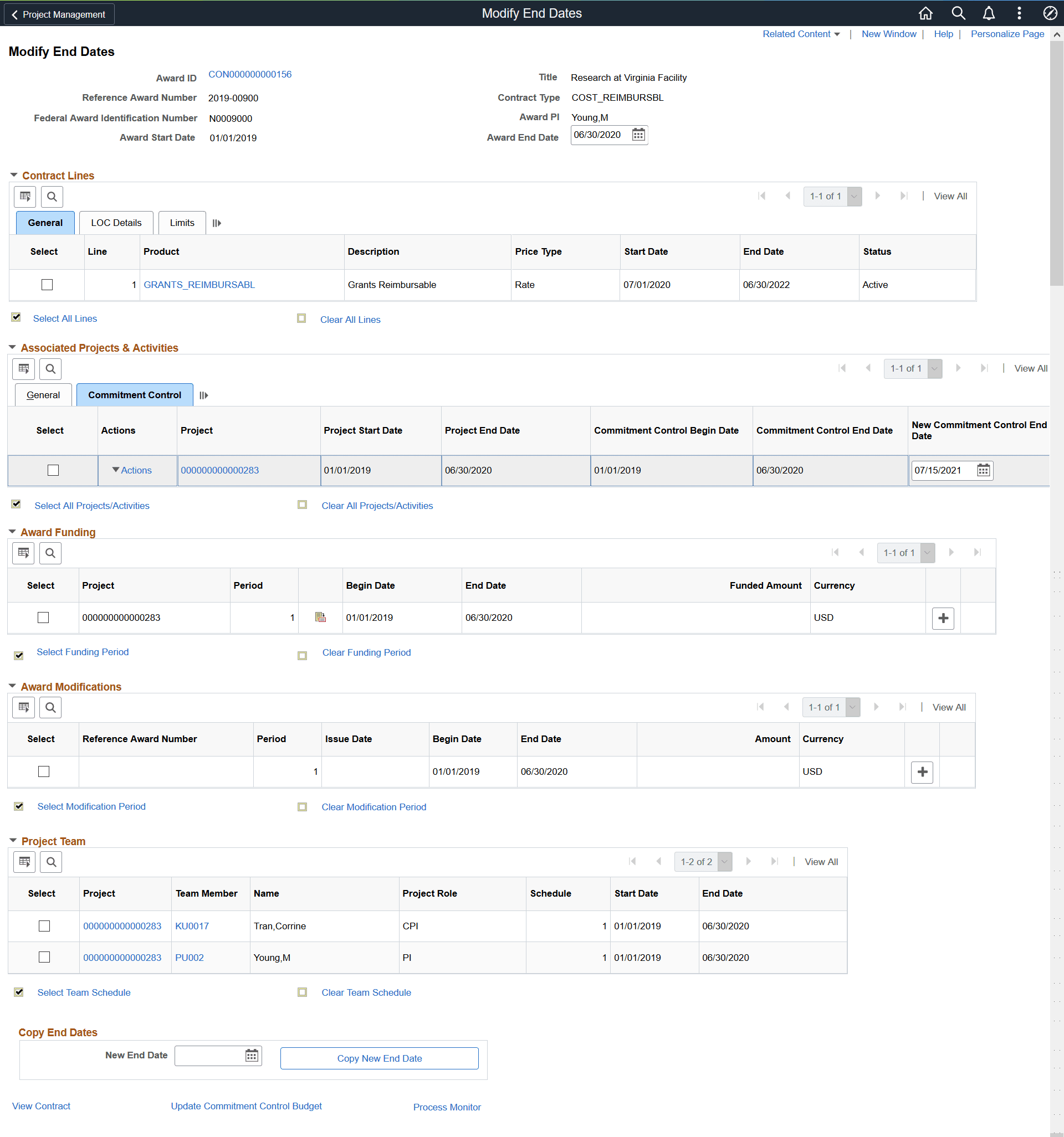 Modify End Dates - Commitment Control tab