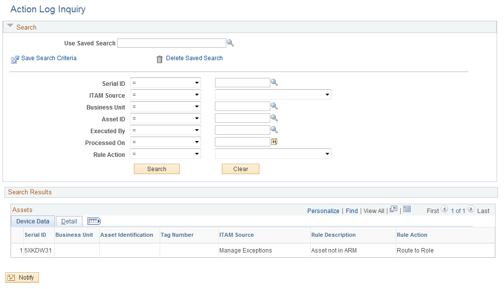Action Log Inquiry page