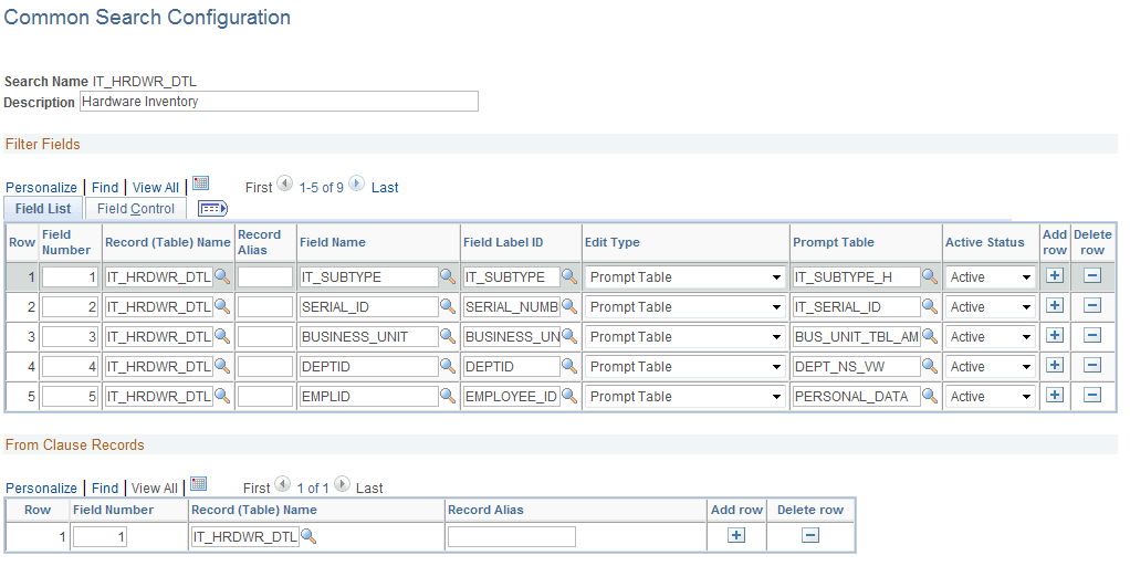Common Search Configuration page: Field List tab
