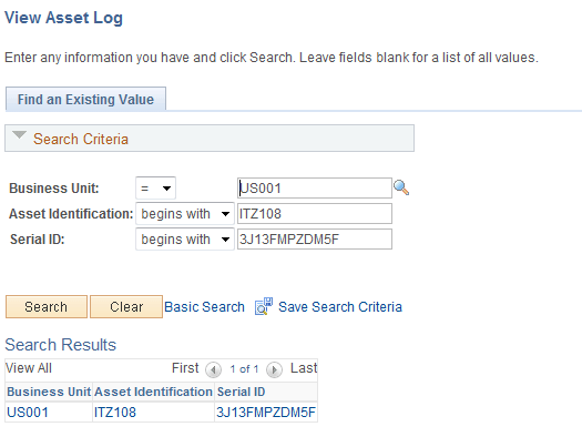 View Asset Log page (1 of 2)