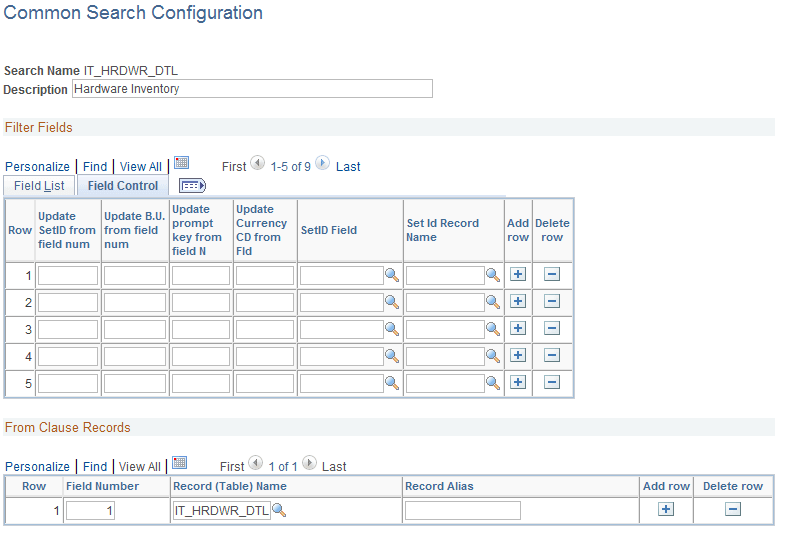 Common Search Configuration page: Field Control tab