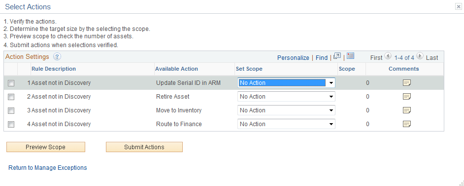 Select Actions page