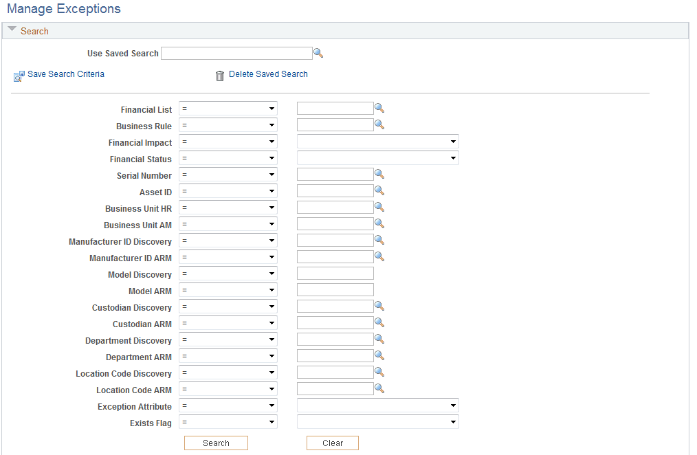 Manage Exceptions page