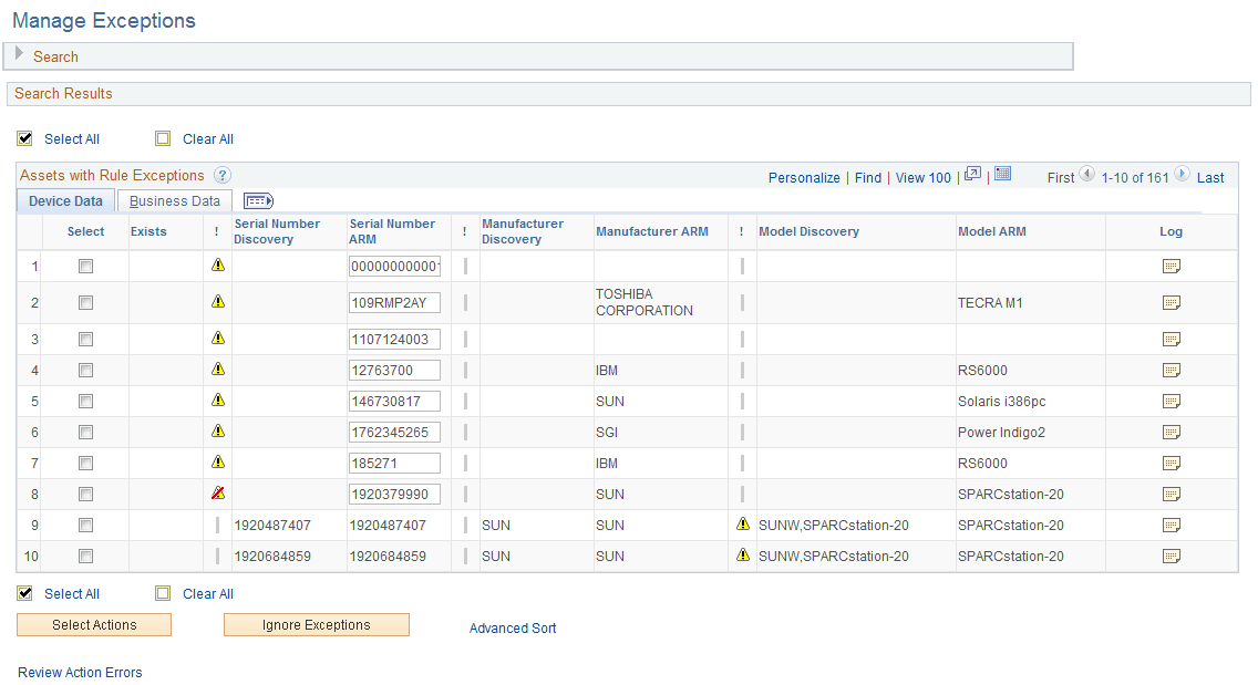 Assets with Rule Exceptions - Device Data page