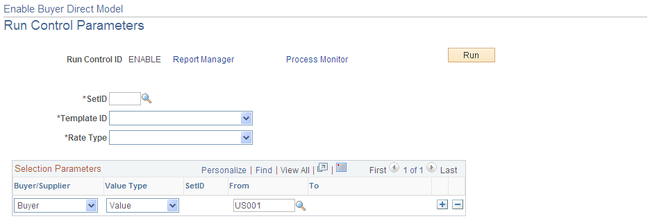 Enable Buyer Direct Model - Run Control Parameters page