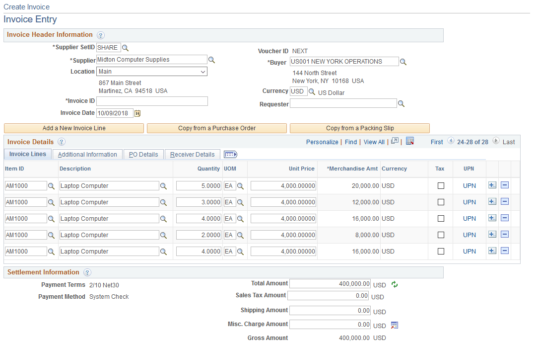 Create Invoice - Invoice Entry page