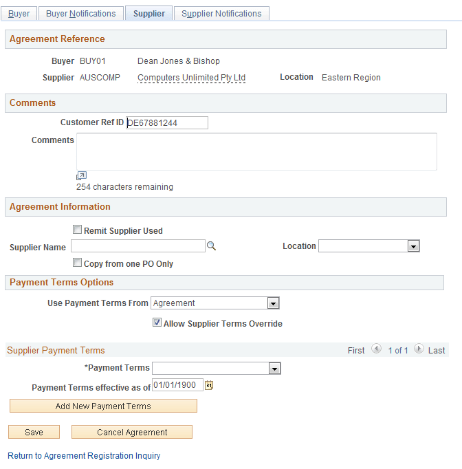 Review Agreement Details - Supplier page