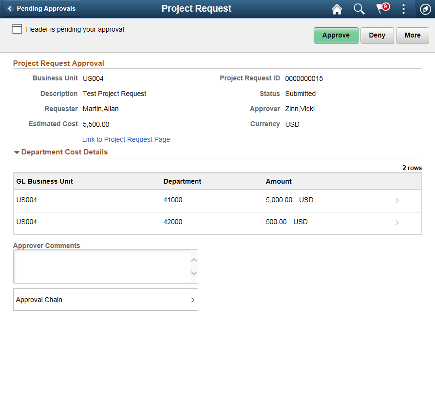 Project Request Approval page