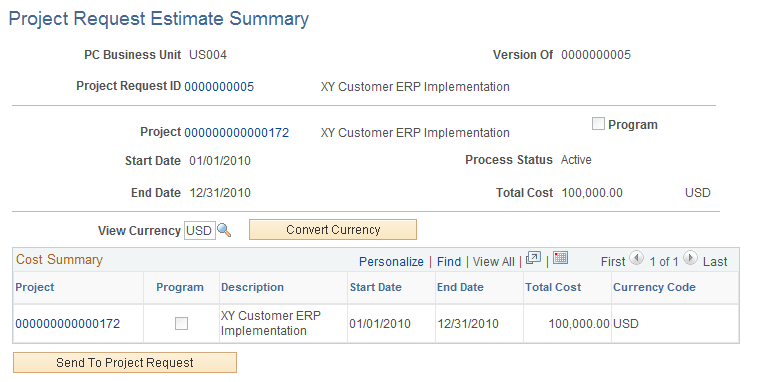 Project Request Estimate Summary page