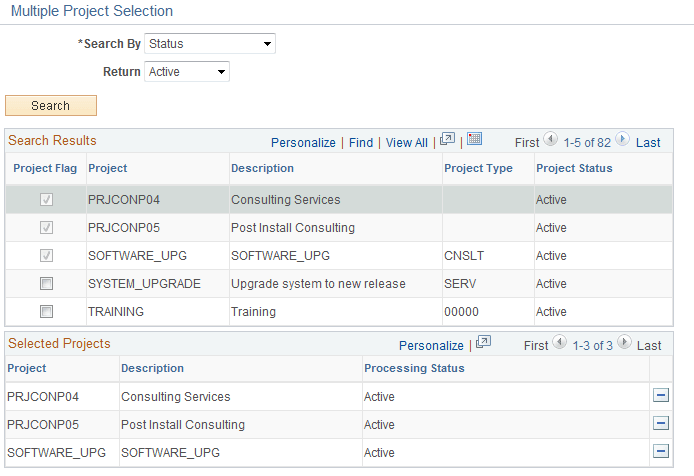 Multiple Project Selection page