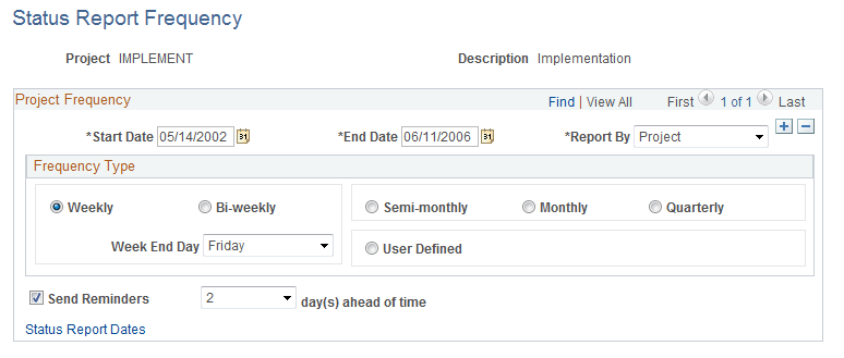 Status Report Frequency page