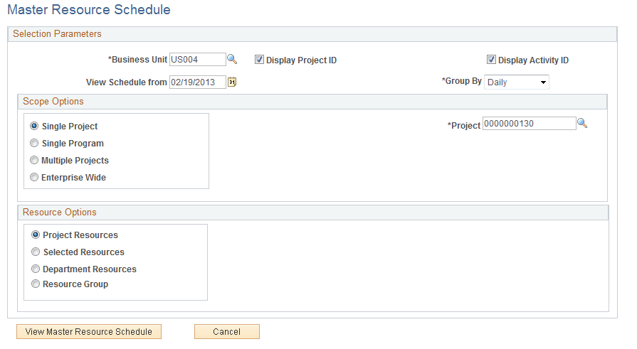Master Resource Schedule (selection parameters) page