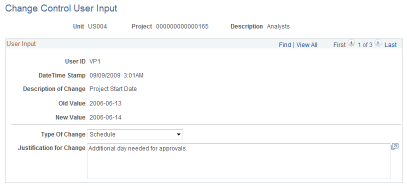 Change Control User Input page