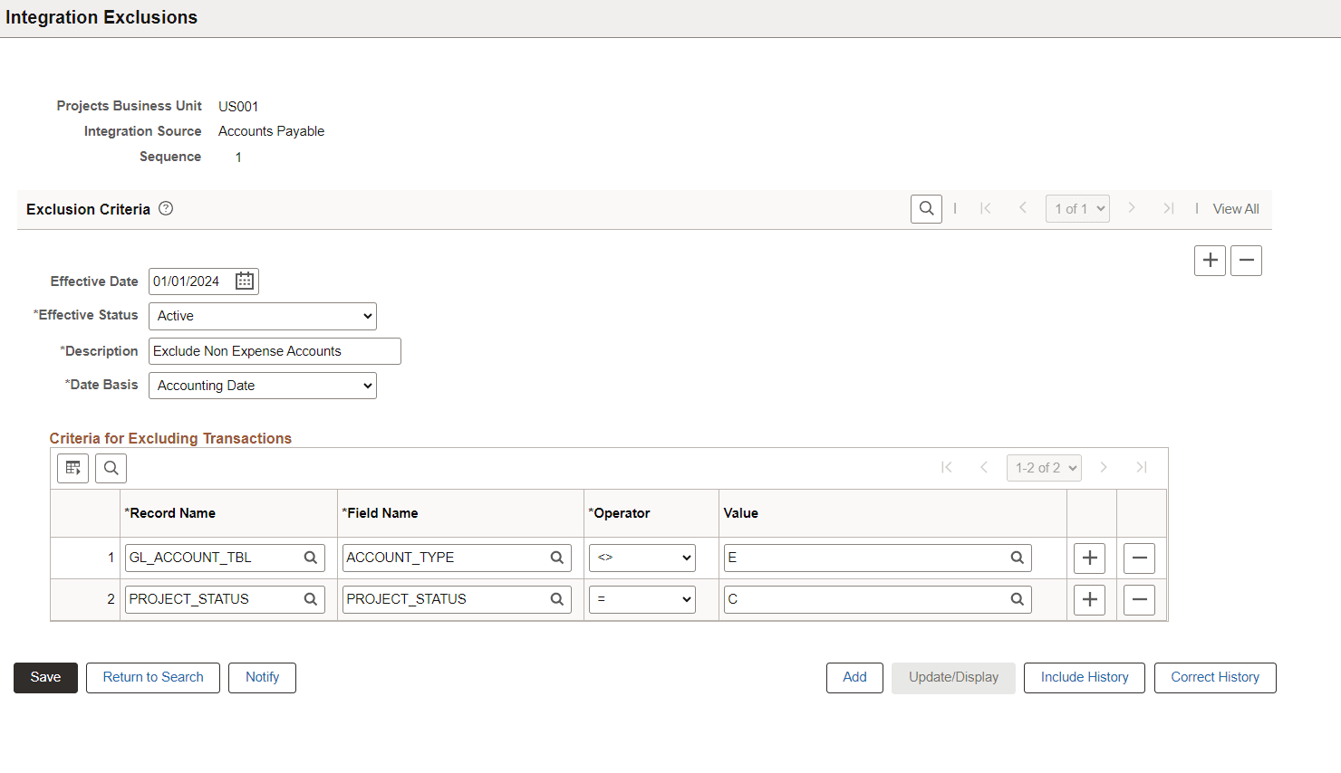 Integration Exclusions page
