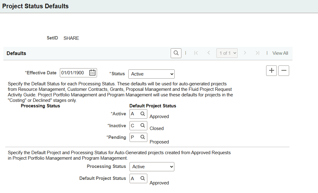 Project Status Defaults page