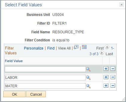 Select Field Values page