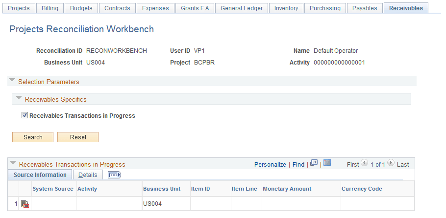 Projects Reconciliation Workbench - Receivables page