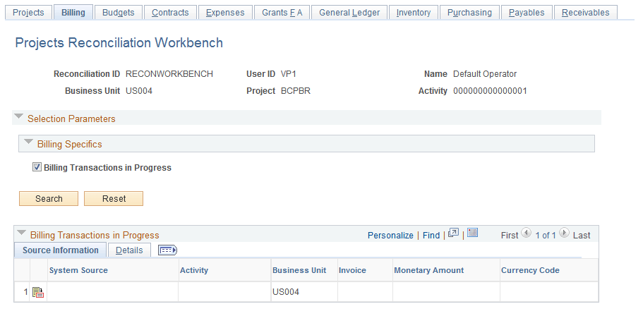 Projects Reconciliation Workbench - Billing page