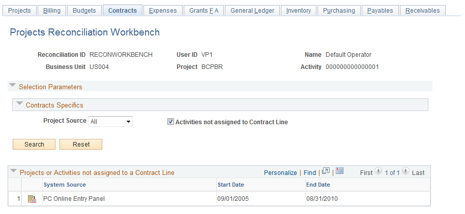 Projects Reconciliation Workbench - Contracts page