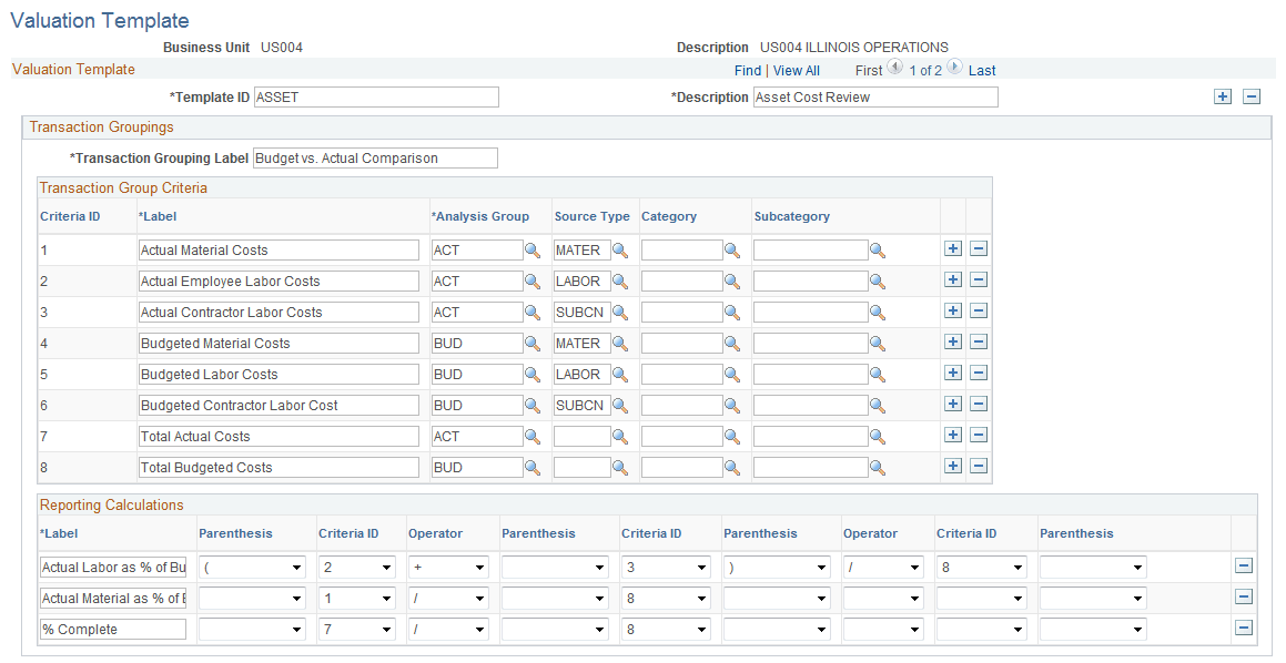Valuation Template page (1 of 2)