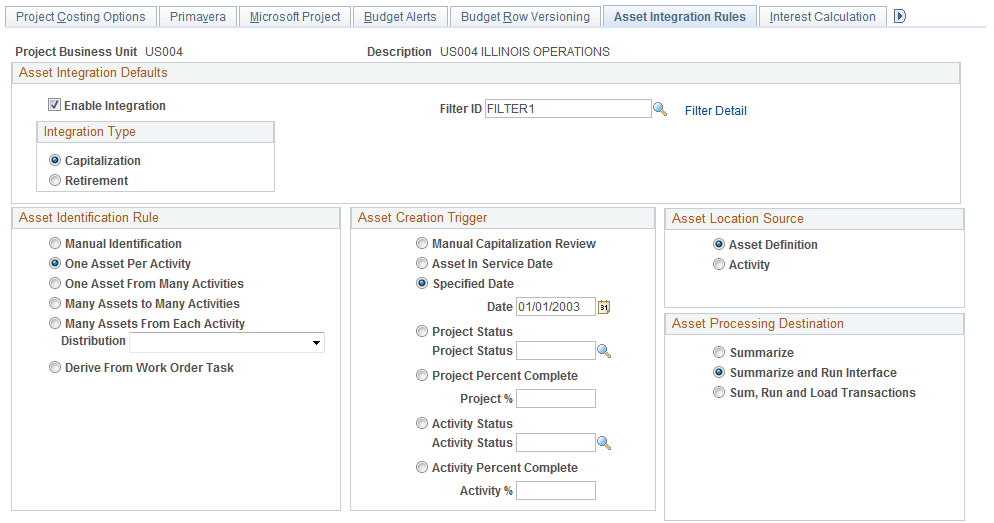 Asset Integration Rules page (1 of 2)