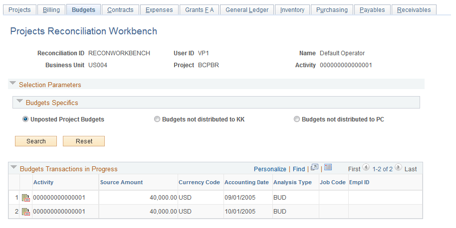 Projects Reconciliation Workbench - Budgets page