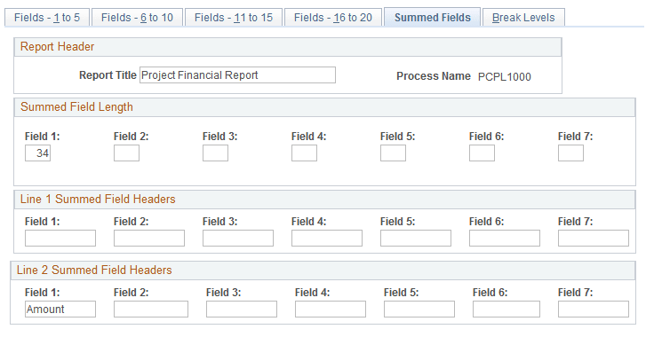 Configure SQR Report - Summed Fields page