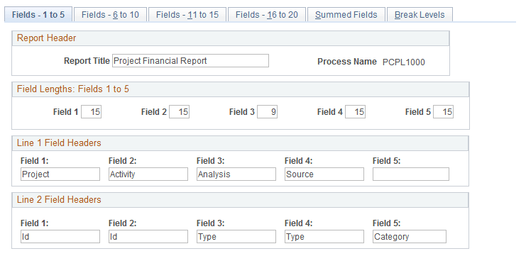 Configure SQR Report - Fields - 1 to 5 page