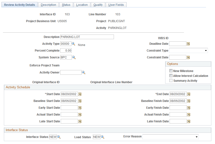 Review Activity Details page