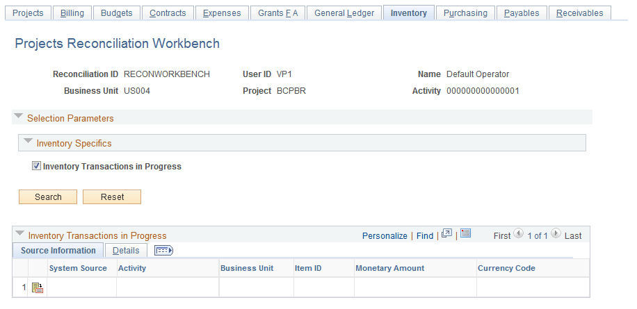 Projects Reconciliation Workbench - Inventory page