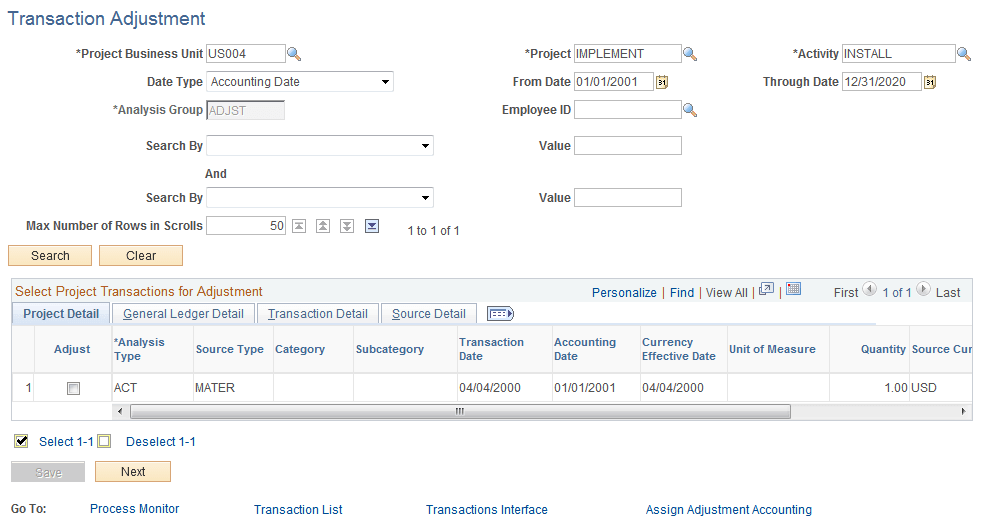 Transaction Adjustment page