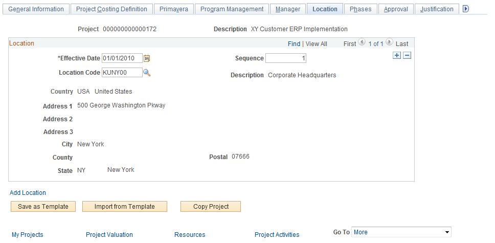 Project Definitions - Location page