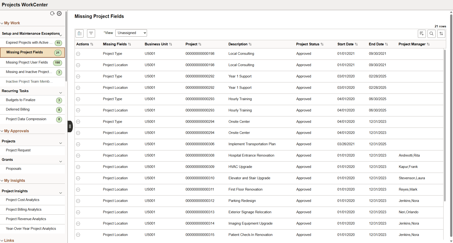 Projects WorkCenter - Missing Project Fields (Work Management)