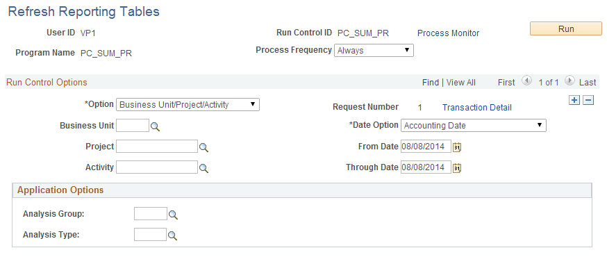 Refresh Reporting Tables page
