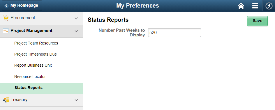 My Preferences - Status Reports page