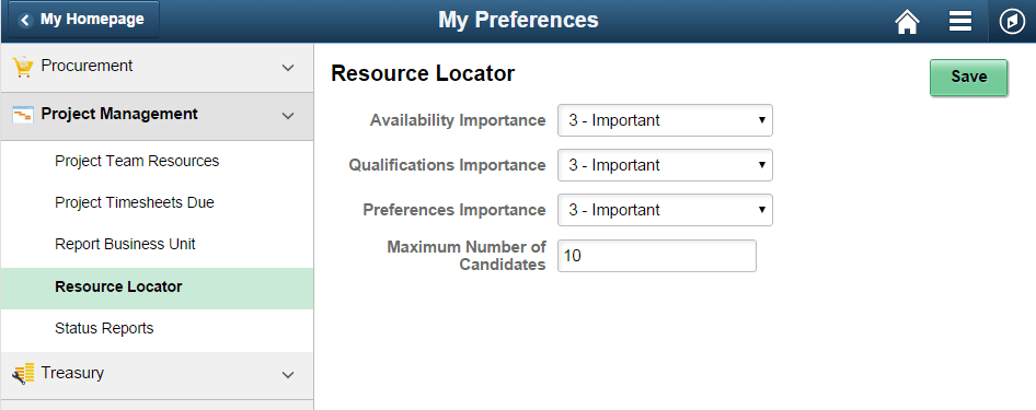 My Preferences - Resource Locator page