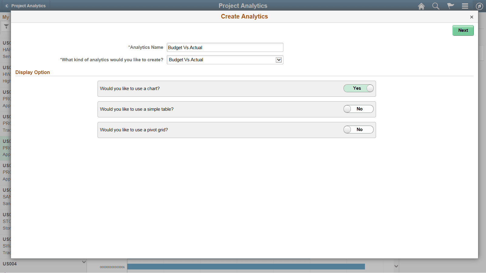 Create Analytics Wizard - Step 1 Budget Vs. Actual