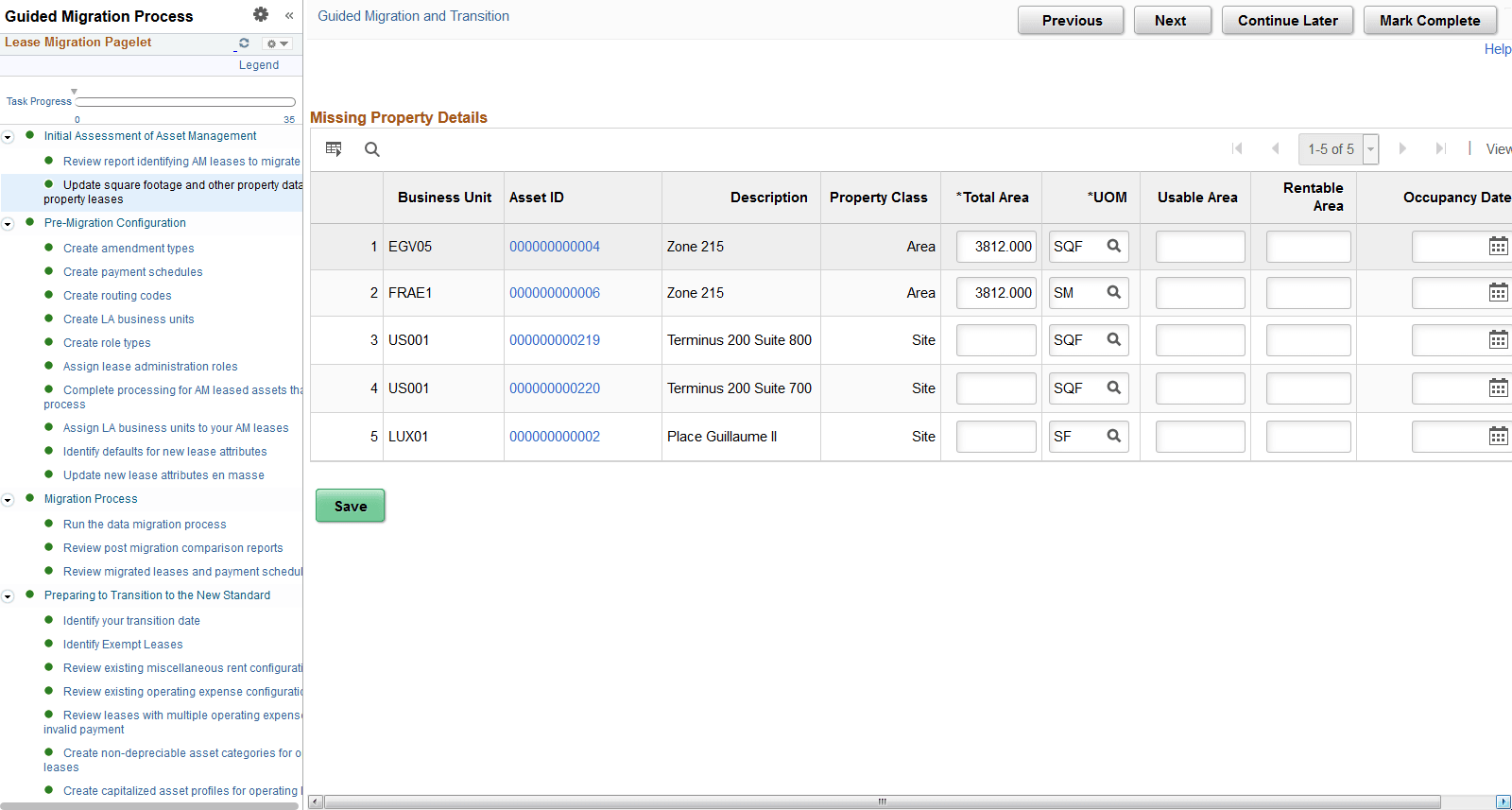 Update Square Footage and Other Property Data Property Leases page