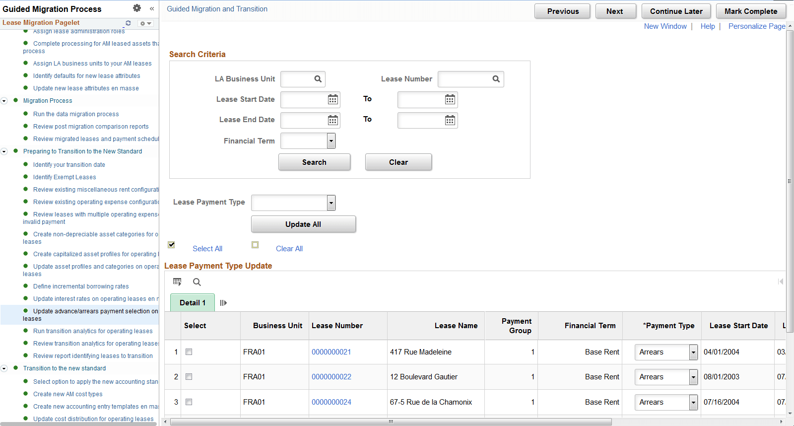 Update advance arrears payment selection on operating leases page