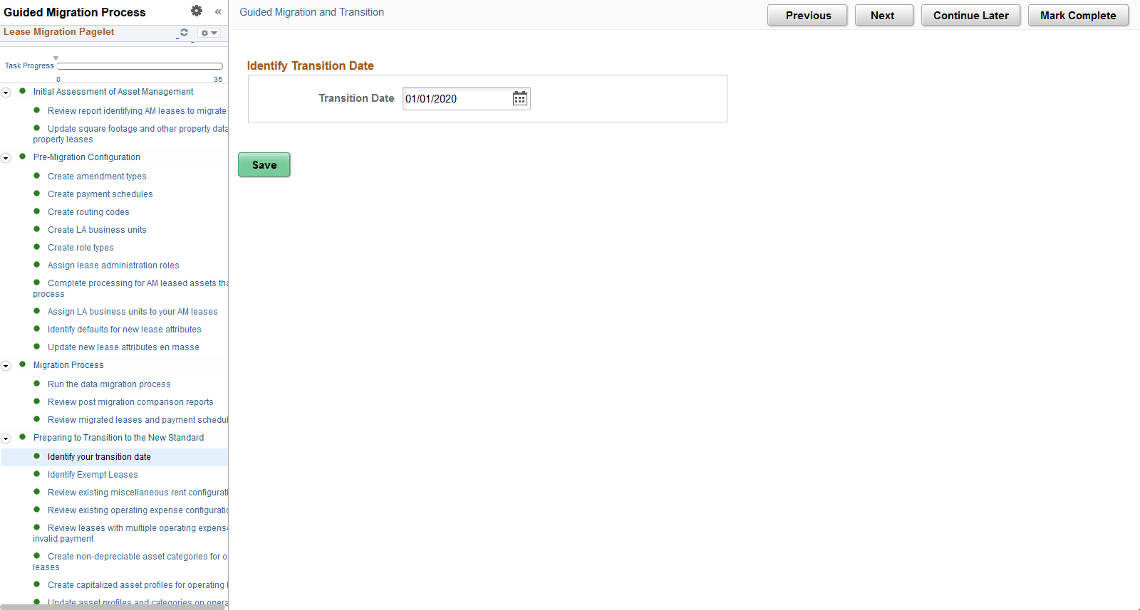 Identify Your Transition Date page