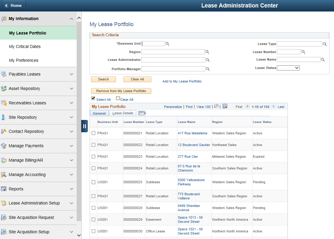Lease Administration Center page
